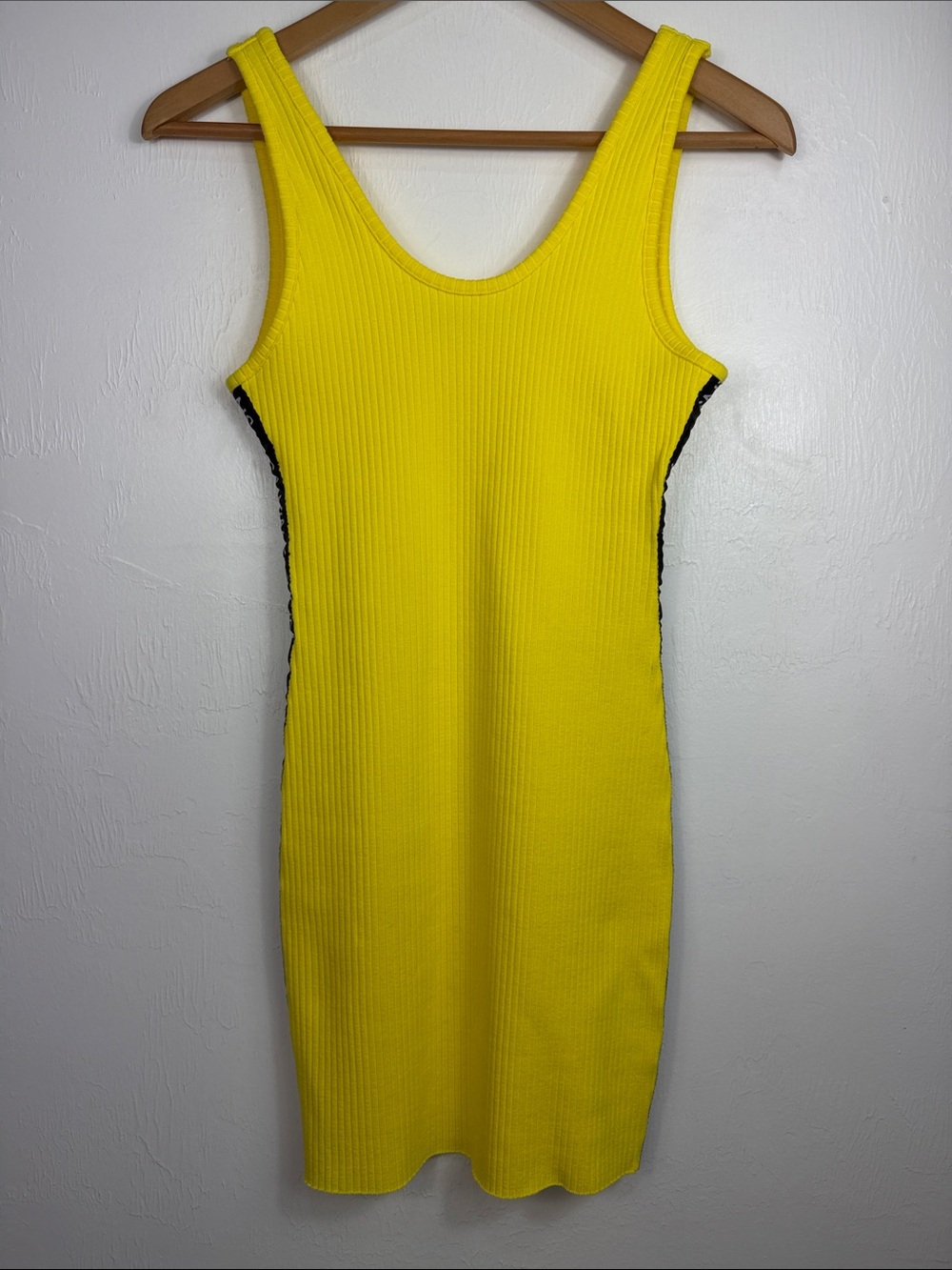 Calvin Klein Jeans Ribbed Neon Yellow Logo Side Tank Bodycon Dress S - Picture 2 of 8